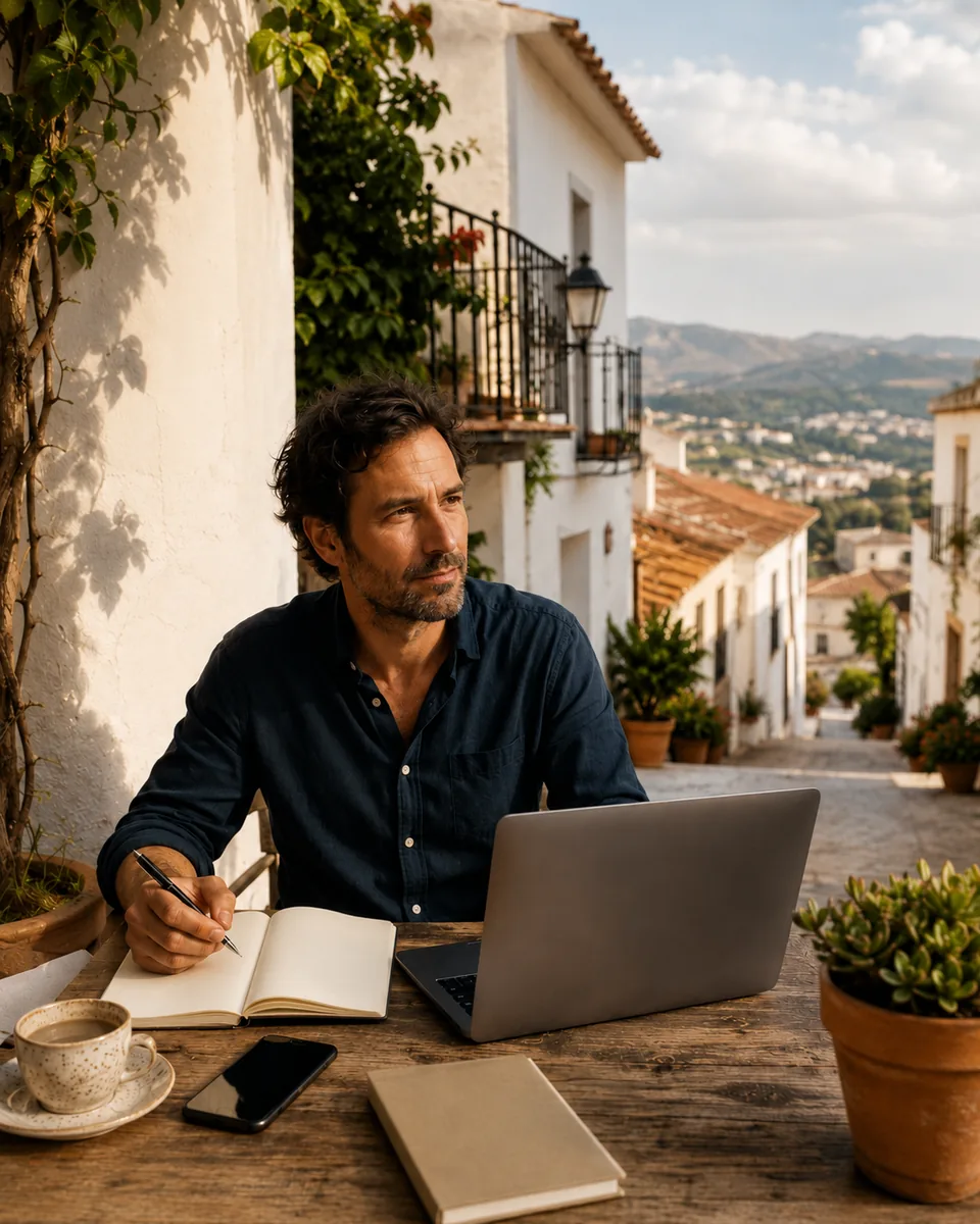 Ondernemer werkt buiten met laptop en notitieboek op Tenerife