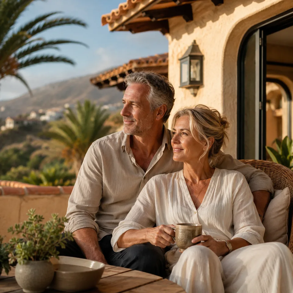 Koppel geniet van koffie op een terras in Tenerife