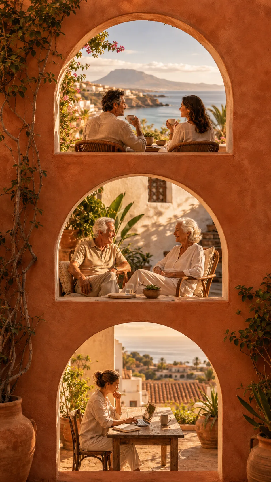Werken op een terras met uitzicht over een Tenerife dorp en de zee