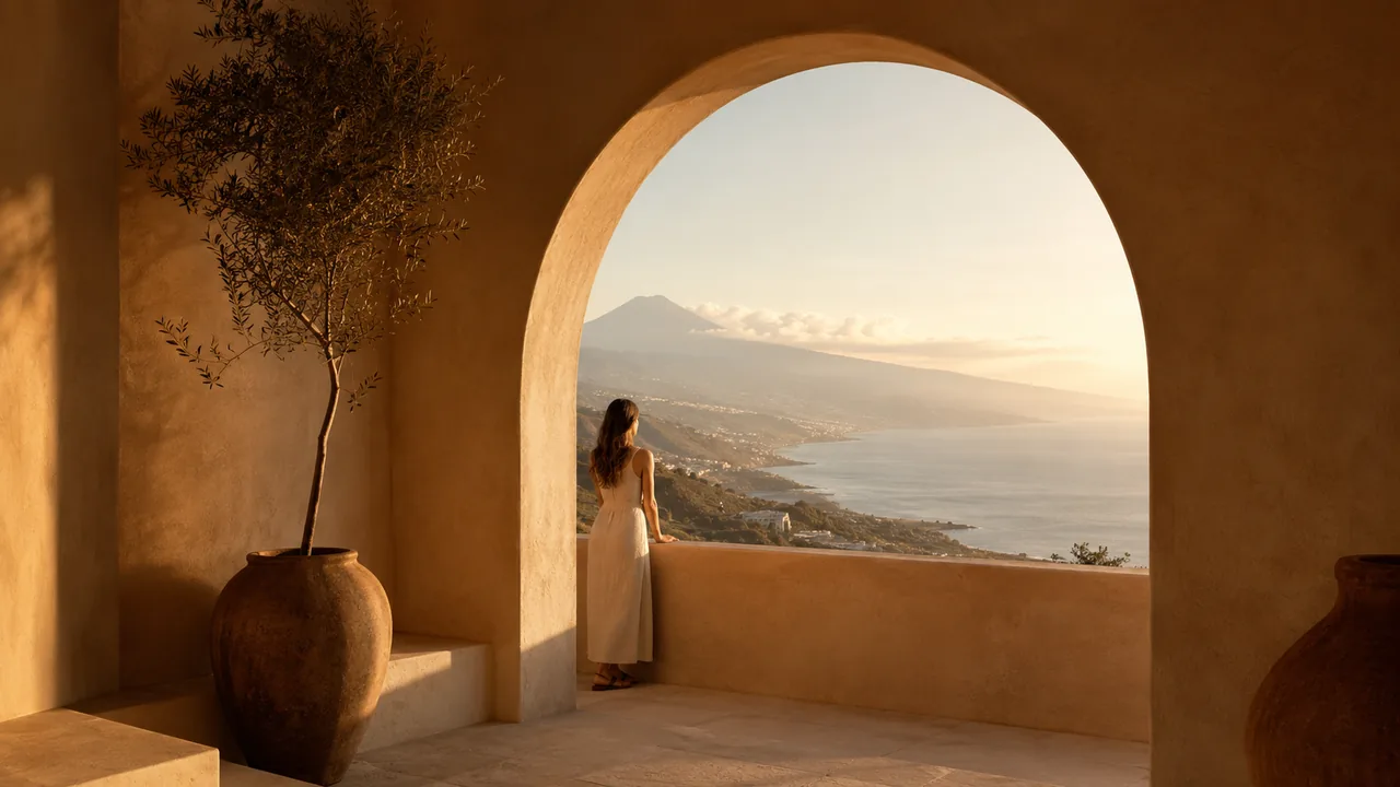 Vrouw in een boog kijkt uit over de kust en zee in Tenerife