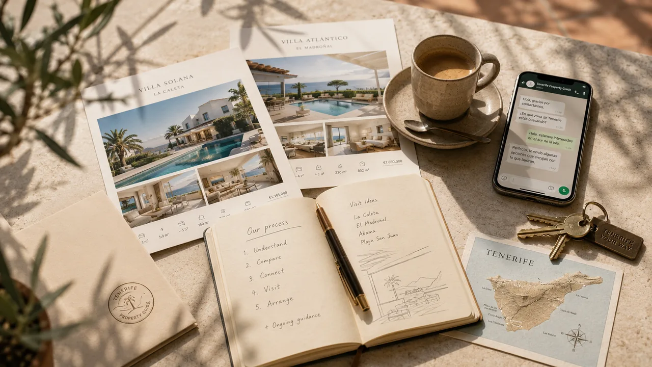 Notitieboek met ons proces en Tenerife property brochures op een terrastafel